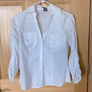 Ann Taylor White Blouse Ruched 3/4 Length Sleeves